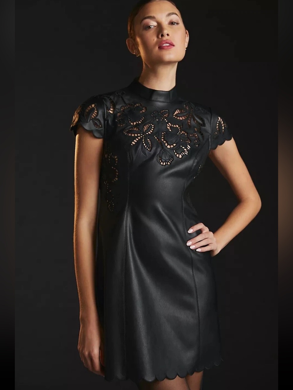 Free‎ People Faux Leather Mini Dress Short Sleeve Lined Black Women Size 4